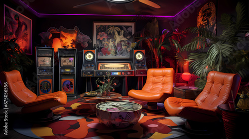 record lounge with retro furnishings and psychedelic decor