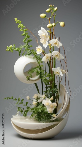 AI generated illustration of an abstract white vase filled with lush green plants and white flowers photo