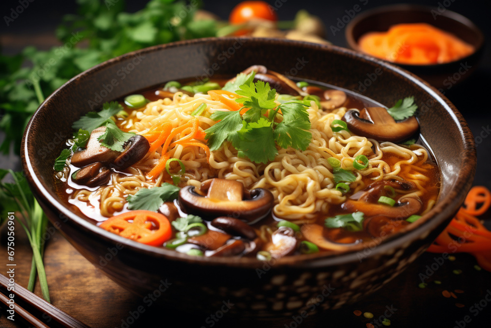 A delicious spicy Thai noodle with chopped carrots, spring onion, shitake mushroom, and half cut boiled egg in a ceramic bowl served with vegetable and herb side dishes on a wood table.Generative AI.