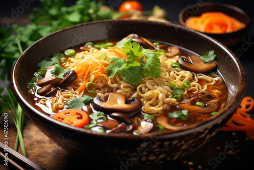 A delicious spicy Thai noodle with chopped carrots, spring onion, shitake mushroom, and half cut boiled egg in a ceramic bowl served with vegetable and herb side dishes on a wood table.Generative AI.