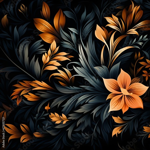 Dark background and illuminated yellow-toned leaves, AI-generated. photo