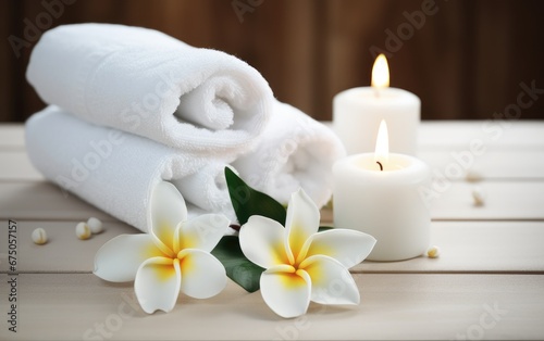 Spa composition. White towels  candles and frangipani flowers