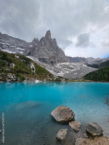 Scenic view of Lake Sorapis in Dolomites mountains, Italy