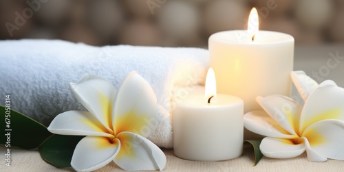 Spa composition. White towels, candles and frangipani flowers