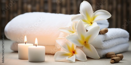 Spa composition. White towels, candles and frangipani flowers