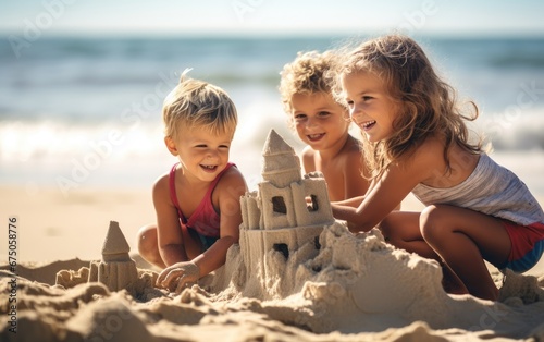 Happy children building a s...