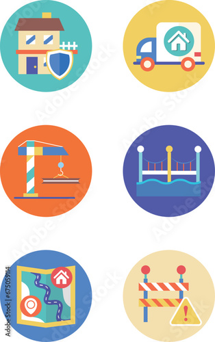 Vector pack of construction icons, featuring a building, crane, construction area and other objects
