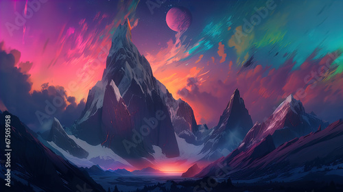 The image depicts an awe-inspiring fantasy landscape at dusk. Dominating the scene are towering mountains with sharp peaks covered in snow. The sky above has an otherworldly portrayal with dynamic and