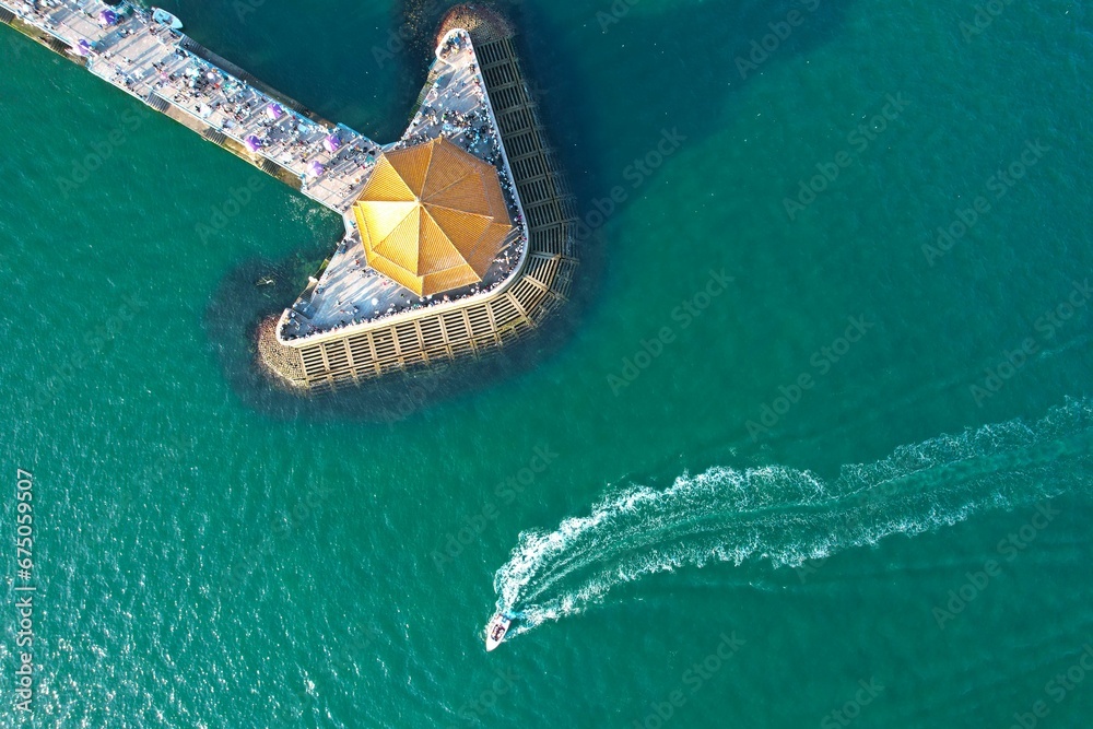 Aerial view of the coastal city of Qingdao, with its stunning ocean views from a pier