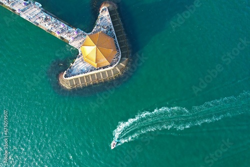 Aerial view of the coastal city of Qingdao, with its stunning ocean views from a pier