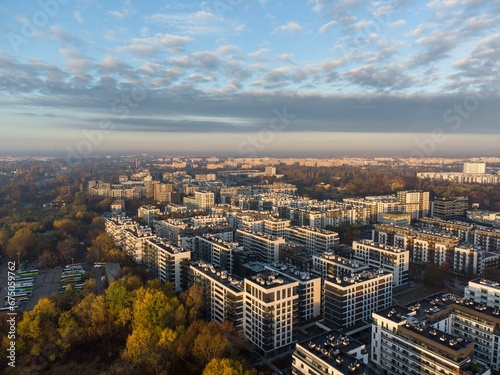 Early morning aerial shot of a new residential area Odolany in Warsaw Wola district.