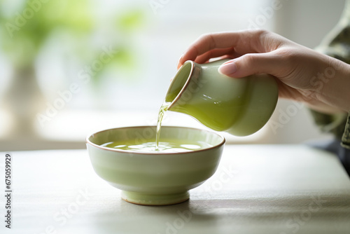 The close up detail of a person is pouring green tea in a bowl from a traditional teapot in a relaxed atmosphere. Generative AI.
