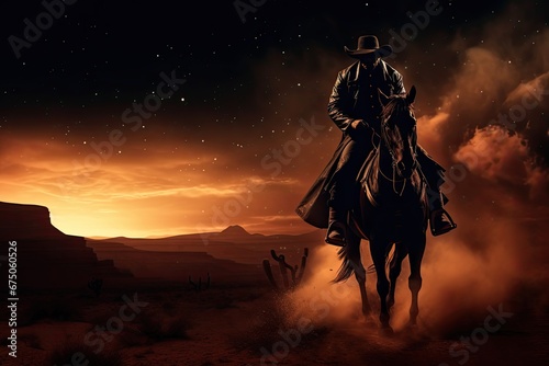 a cowboy scouts is standing on the western desert at nightfall.