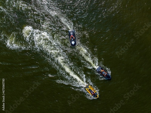 Aerial view of jetskiers at Great South Bay on Long Island, New York during a sunny day