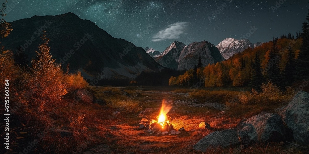 AI-generated illustration of a campfire in the mountains at night - obrazy, fototapety, plakaty 