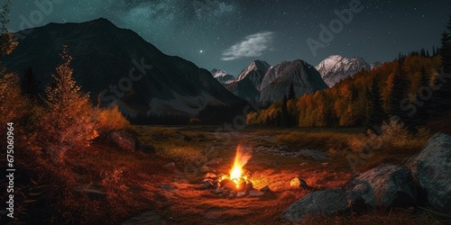 AI-generated illustration of a campfire in the mountains at night