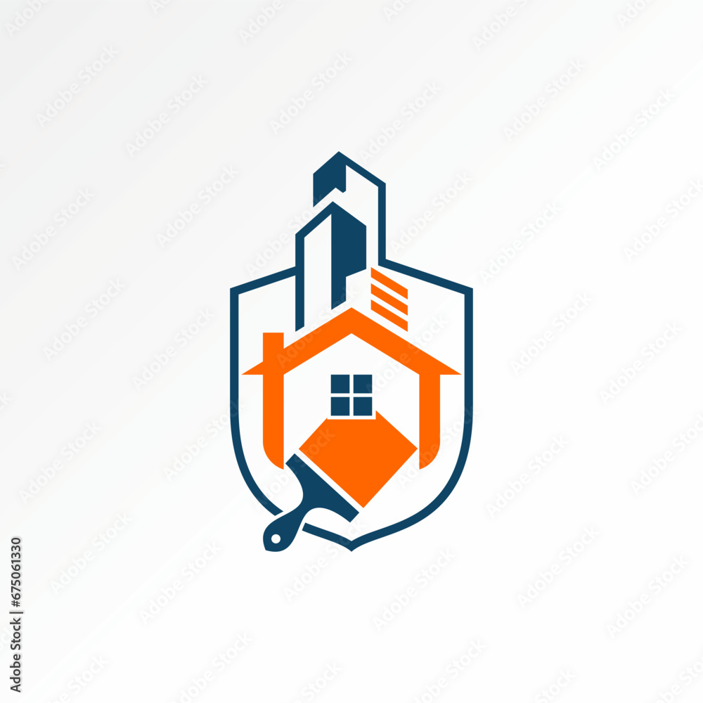 Logo design concept graphic creative premium vector stock sign house home building and paint brush on shield guard. Related property protection repair