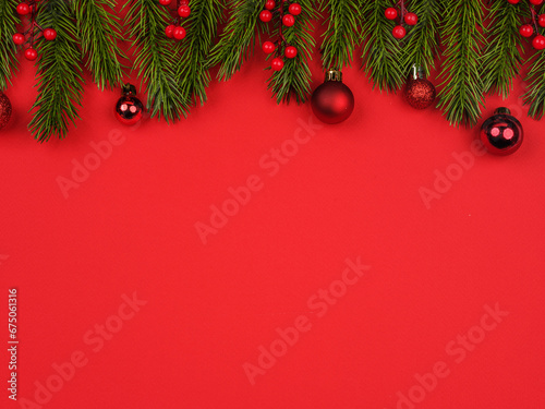 green fir frame christmas on red background