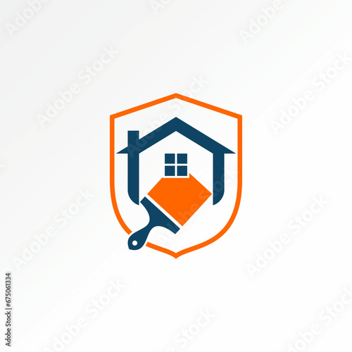 Logo design concept graphic creative abstract premium vector stock sign house home and paint brush on shield guard. Related property protection repair