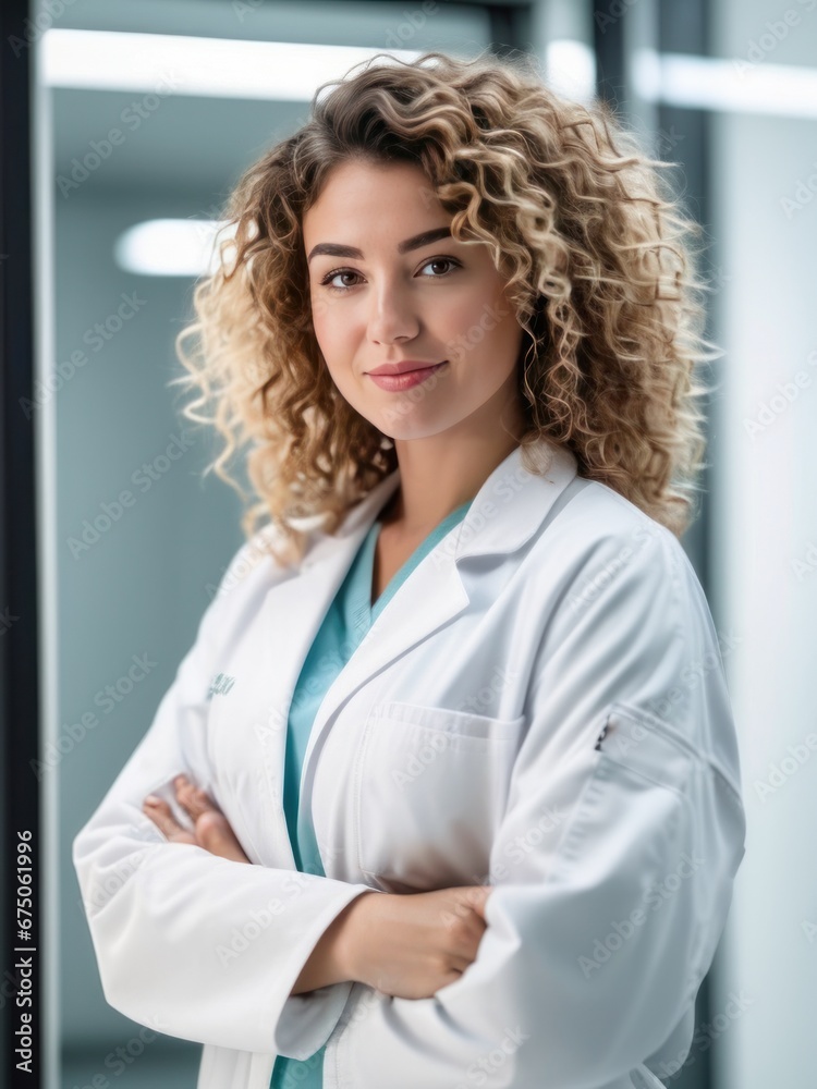 attractive curly haired female doctor