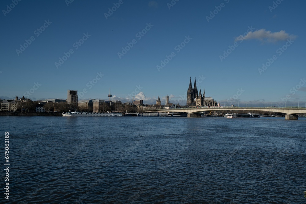 Magnificent stone bridge spanning the Rhine River in Cologne, Germany