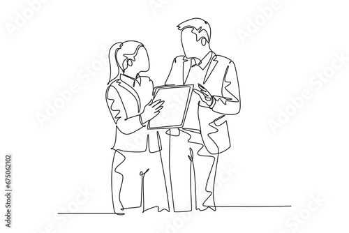 Single one line drawing of young male and female managers discussing strategic planning to increase company profit. Business growth discussion. Continuous line draw design graphic vector illustration