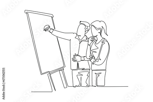 Continuous one line drawing young male CEO explaining business process to his partner with infographic on flip chart. Startup work meeting concept. Single line draw design vector graphic illustration
