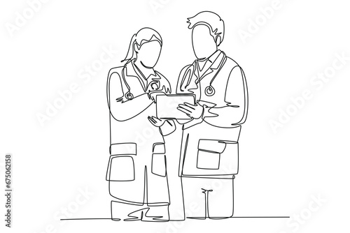 Continuous one line drawing young smart male and female doctor discussing about health topic article on tablet. Medical healthcare service concept. Single line draw design vector graphic illustration