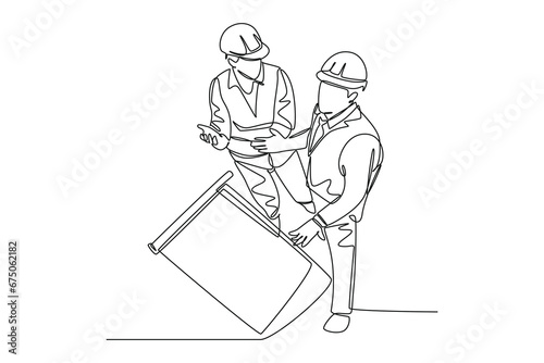 Single continuous line drawing of young architect and foreman discussing about blueprint building design. Construction planning talk concept. Dynamic one line draw graphic design vector illustration