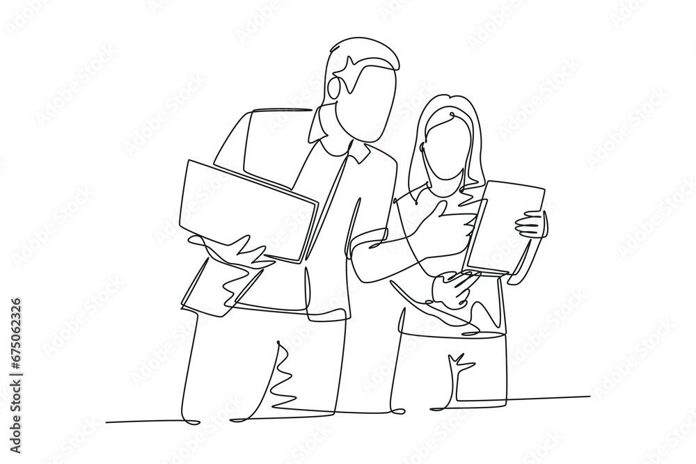 Single one line drawing two young male and female workers watching stock movements on laptop together at the office. Stockbroker concept. Modern continuous line draw design graphic vector illustration Single one line drawing two young male and female workers watching stock movements on laptop together at the office. Stockbroker concept. Modern continuous line draw design graphic vector illustration