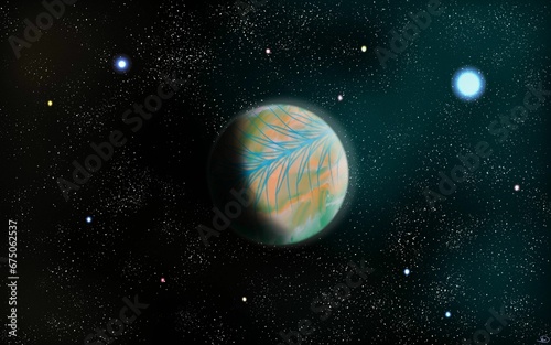 Fototapeta Naklejka Na Ścianę i Meble -  Illustration of the ethereal space with planets and twinkling stars