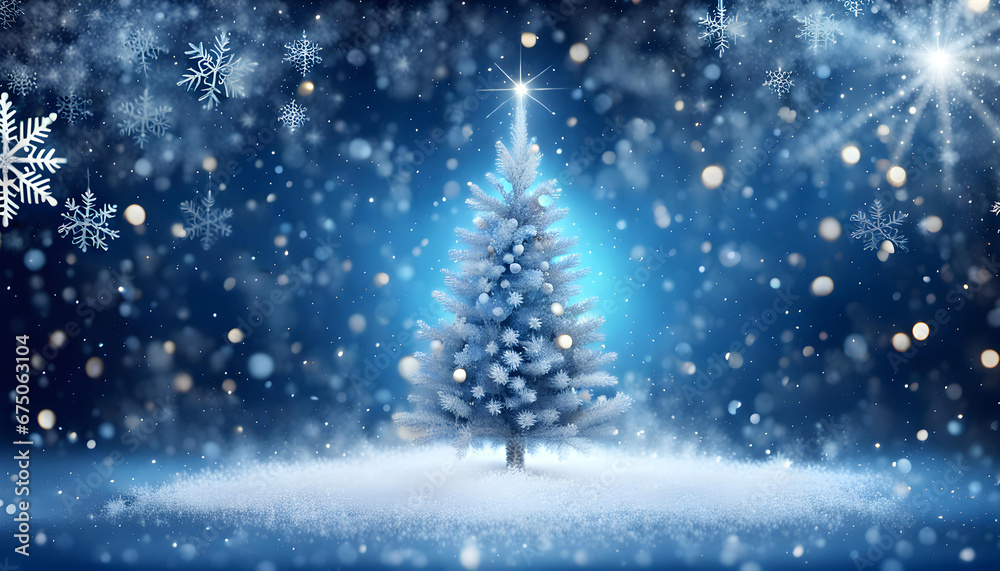 Blue sparkling Christmas background with big and luxurious Christmas tree and snowflakes