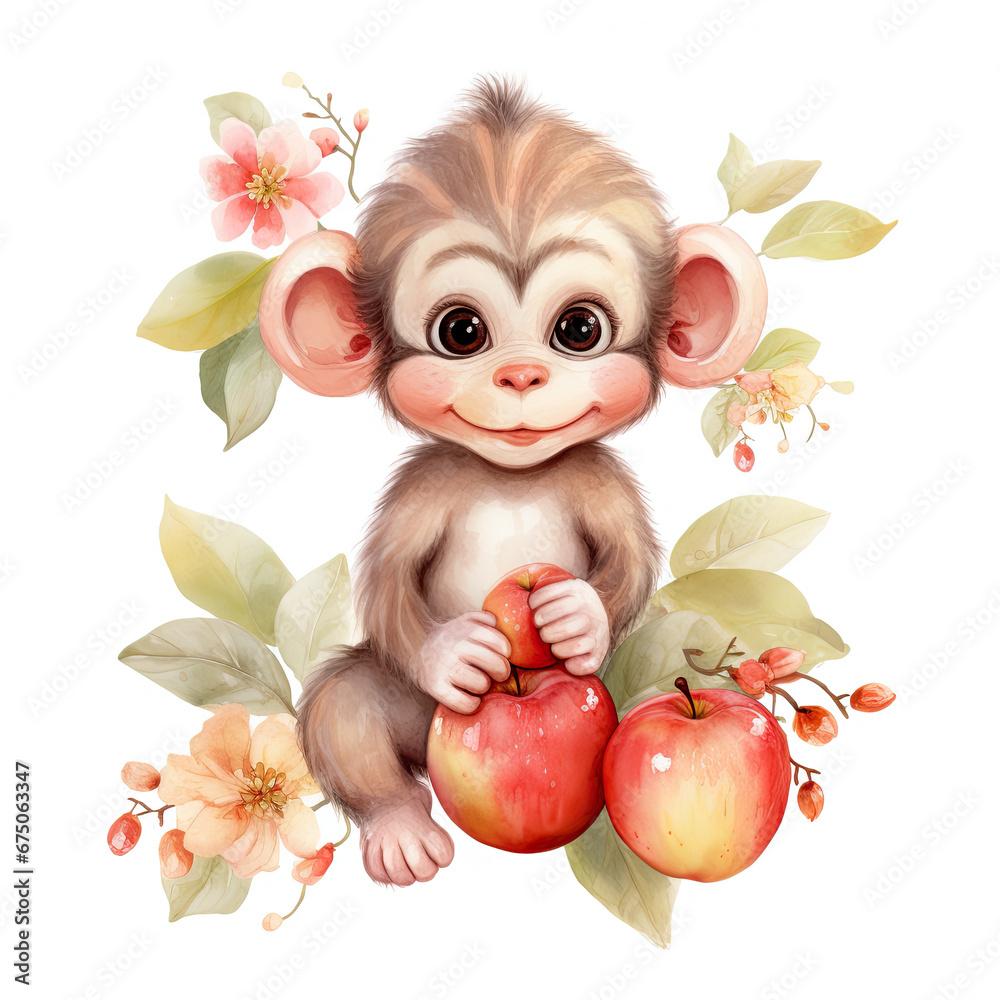 Fototapeta premium Baby monkey fruits and flower Illustration, Generative Ai