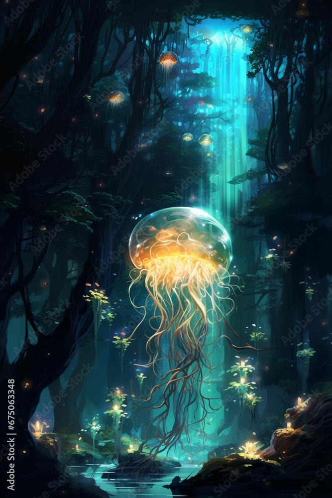 Φωτογραφία Underwater scene featuring a jellyfish illuminated in the dark depths of the ocean, AI-generated