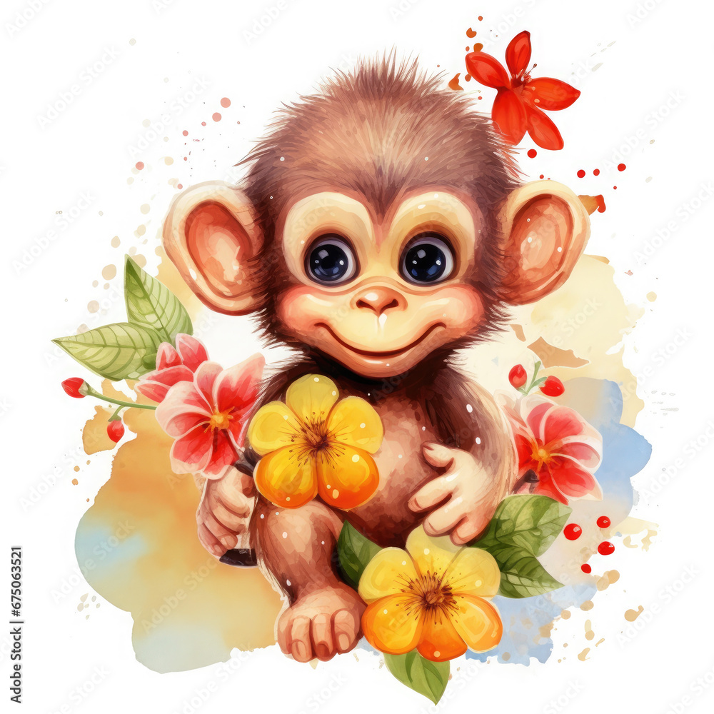 Baby monkey fruits and flower Illustration, Generative Ai