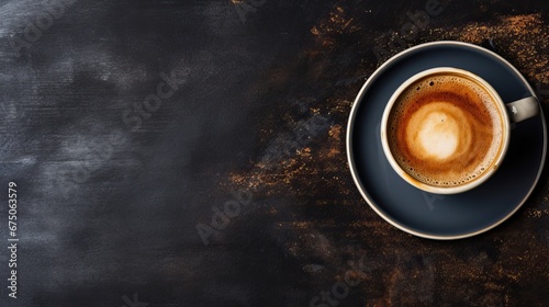 Coffee cup with latte art on dark rustic background. Top view with copy space