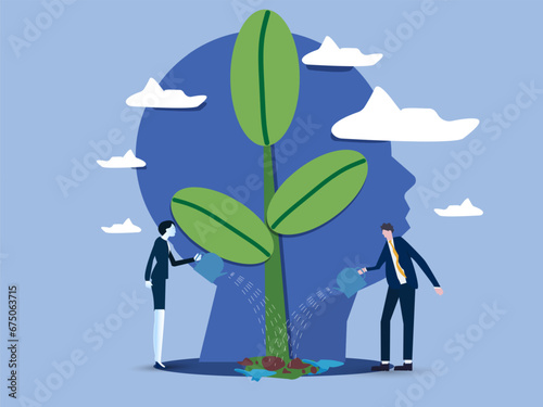 People watering plants from the brain put think growth mindset self-improvement and self-improvement ideas concept vector