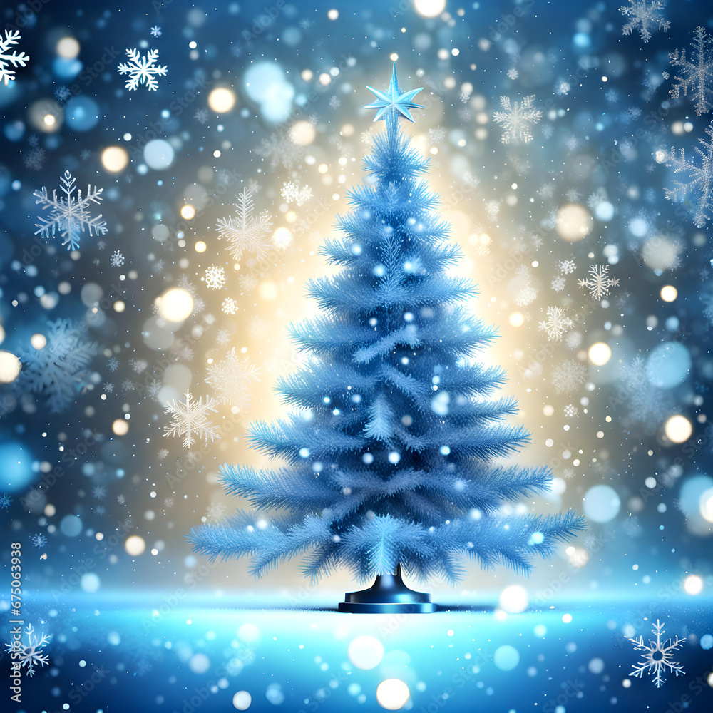 Blue sparkling Christmas background with big and luxurious Christmas tree and snowflakes