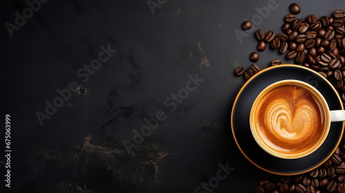 Coffee cup and coffee beans on black background, top view