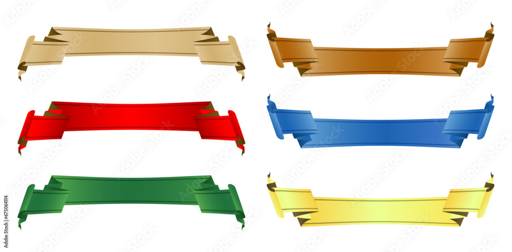 Obraz premium set of banners with ribbons six colors isolated white backgrounds for decks, collages, scene designs, User interface, Branding or identity campaigns, Stationery prints layouts, Presentations materials