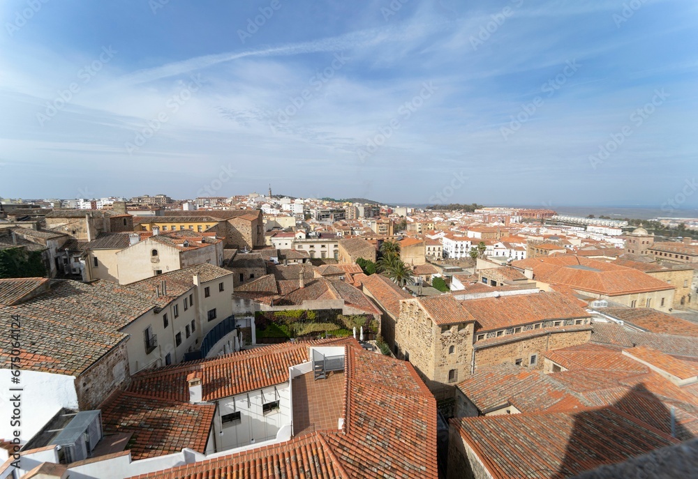 Aerial view of the town of Caceres on a summer day with blue sky. Extremadura. Spain.