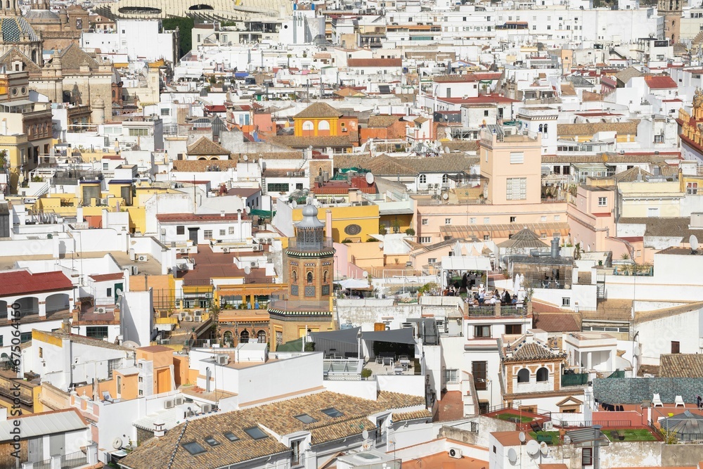 Spectacular views of the city of Seville with its buildings in the foreground and white houses.