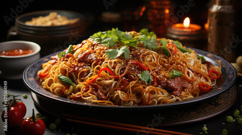 A Plate Of Chinese Noodles Looking Down, Background Image, Hd