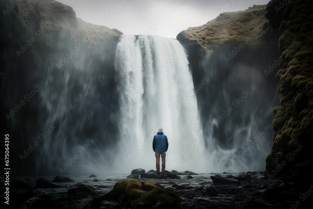Φωτογραφία AI generated illustration of a young person admiring the beauty of a cascading w