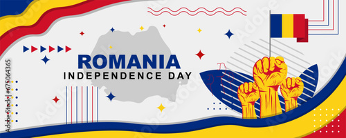 Romanian independence day banner celebrated on December 1, romanian national day banner with flag, map and clenched fist in classic retro theme style. Vector illustration