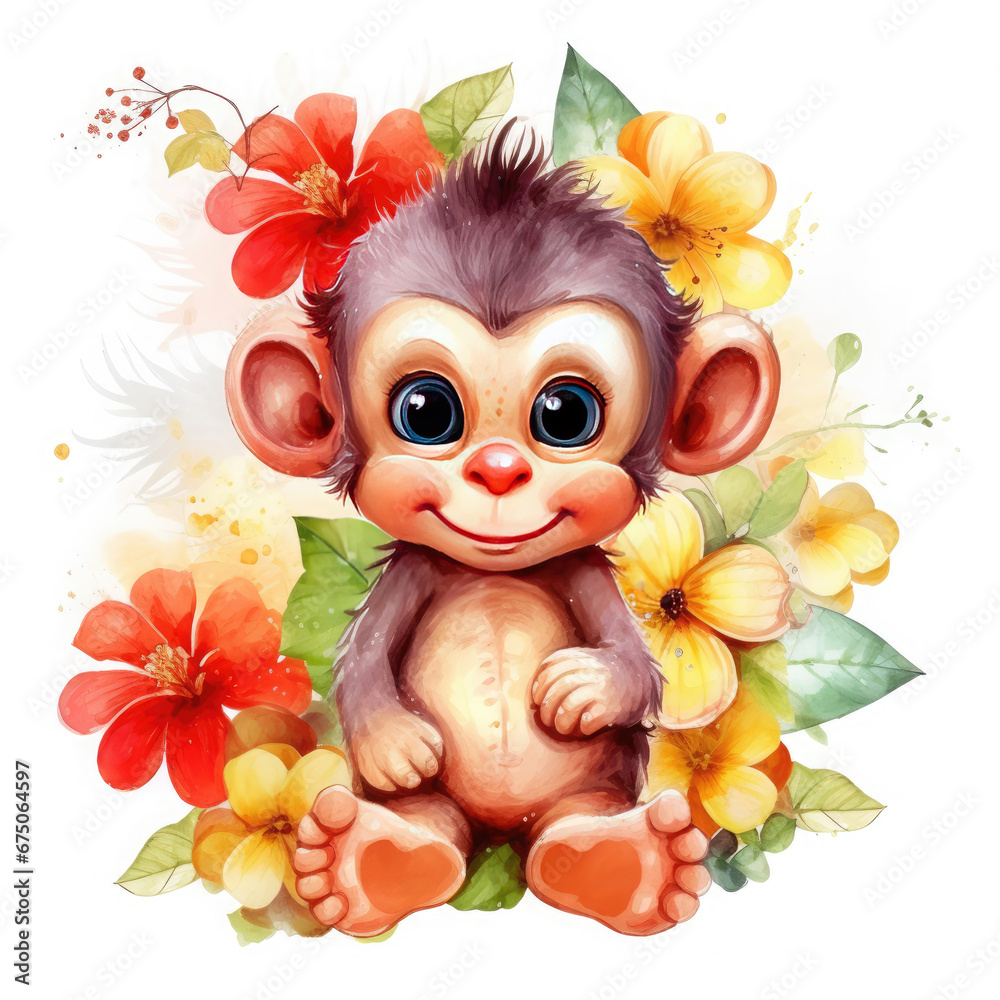 Obraz premium Baby monkey fruits and flower Illustration, Generative Ai