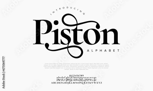 Piston premium luxury elegant alphabet letters and numbers. Elegant wedding typography classic serif font decorative vintage retro. Creative vector illustration