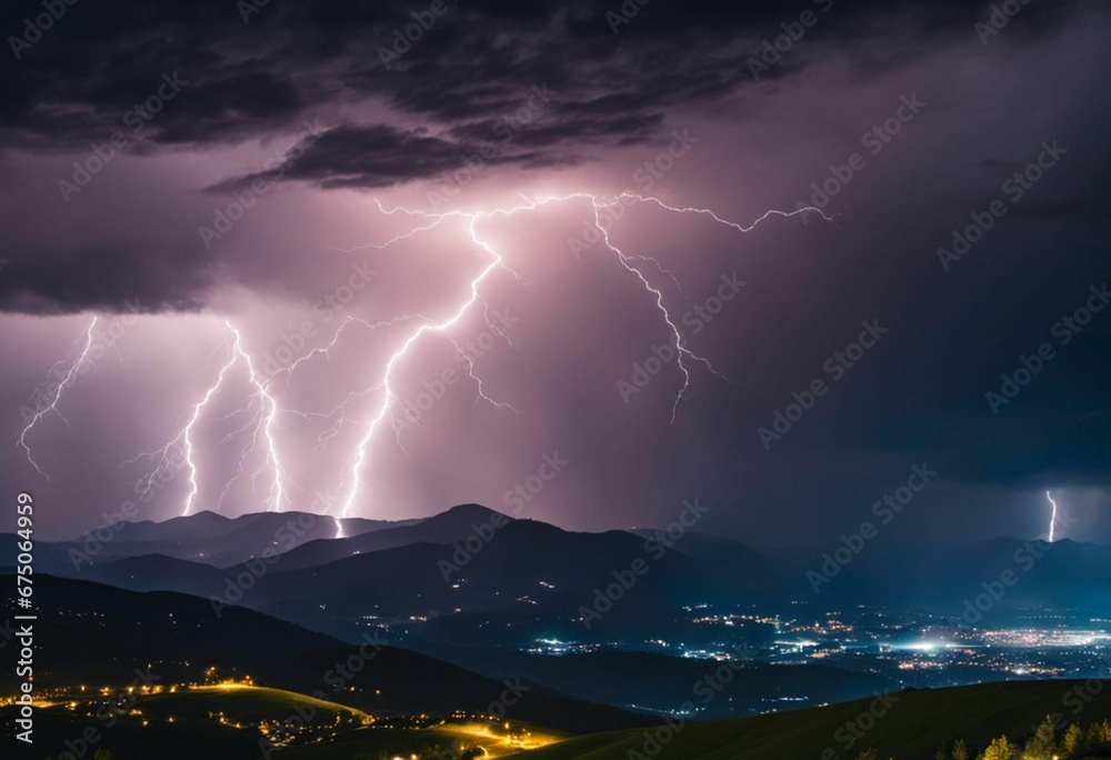 AI generated illustration of a dramatic nighttime with a lightning bolt