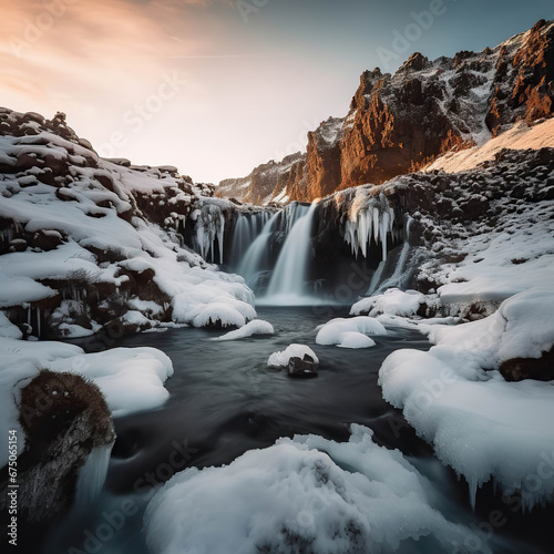 Frozen Majesty: An Icy Waterfall at Sunset