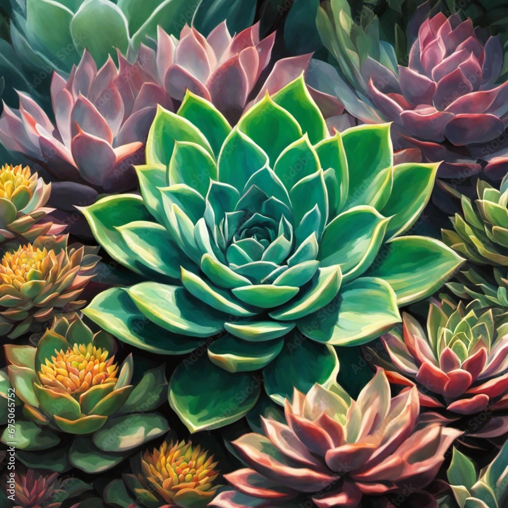 Φωτογραφία AI generated illustration of succulent plants in shades of green and yellow in a